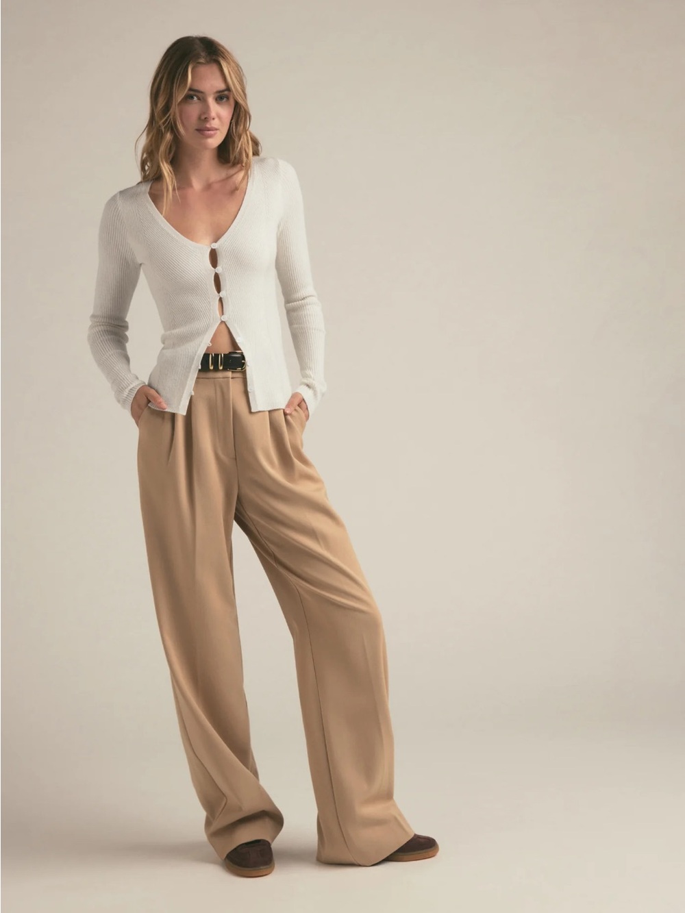 Favorite Daughter The Favorite Pant Beige 100% Cotton Wide Leg Pleated Trousers